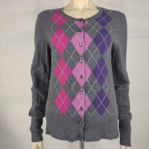 Apt. 9 gray purple argyle 100% cashmere button up cardigan sweater ladies Large